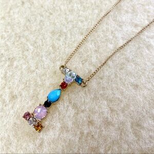 Gold Initial Letter Necklace Crystal Rainbow Rhinestone I